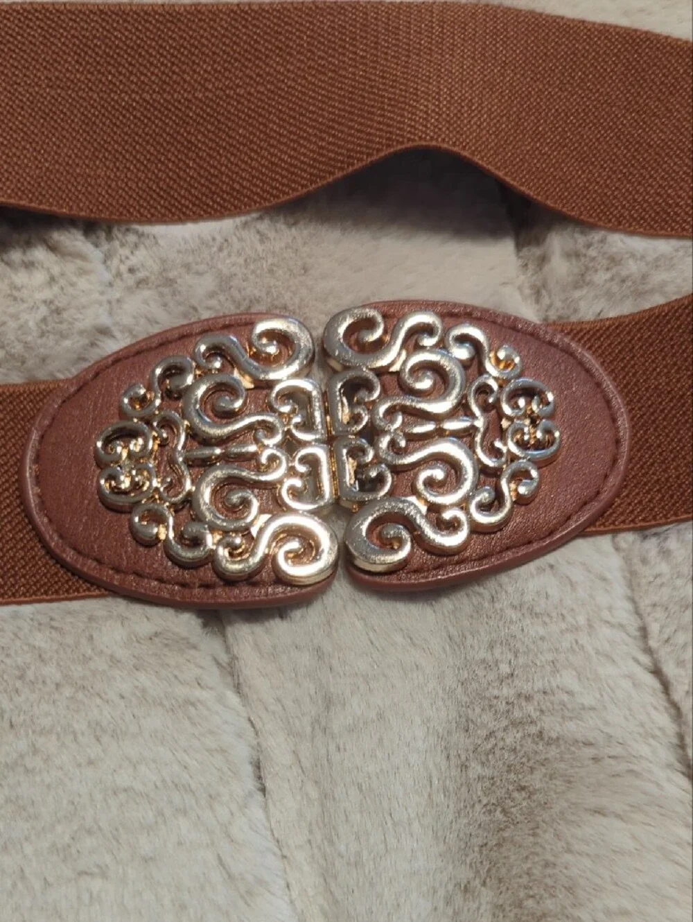 Women's Elastic Waist Belt with Decorative Gold Buckle - Brown